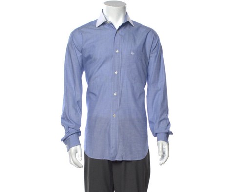 CHRISTIAN DIOR camicia uomo blu colletto bianco e nome su tasca. Ridotto 40€