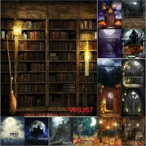 Halloween Magic Bookcase Pumpkin Skull Vinyl Backdrop Background Photography - Picture 1 of 23