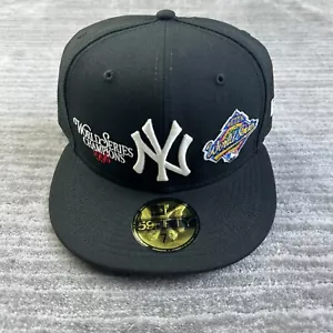 New York Yankees Hat Cap Mens Fitted 7 3/8 New Era Wool Black World Series Patch - Picture 1 of 5