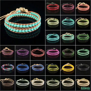 Handmade Multilayer Wrap Knitted Leather Bracelet Glass Crystal Gemstone Beads