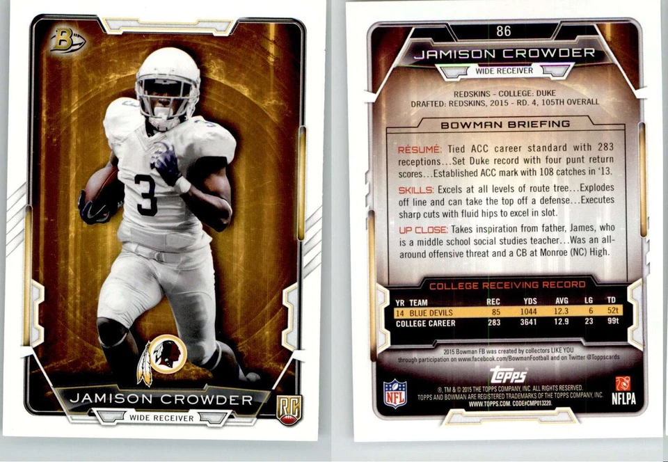 Jamison Crowder 2015 Bowman #86 Redskins RC Rookie - Image 1 of 1