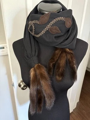 Black Wool Scarf Brown Mink Fur Tassels  Elegant Winter Shawl Stole Statement - Image 1 of 4