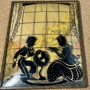 Rückseite gemaltes Silhouettenbild konvex Glas Mädchen Junge Schulzimmer Vintage - Bild 1 von 8
