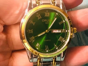Oruss Herrenuhr Quarzuhrwerk - grünes Zifferblatt / Silber & Goldband - Neu mit Box - Bild 1 von 4