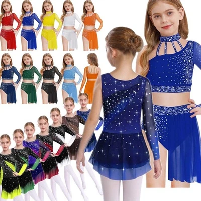 UK Girls Skate Dress Lyrical Ballet Dance Costumes Rhinestones Leotard Dancewear - Image 1 of 2