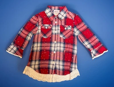 LITTLE LASS RED PIBK BLUE PLAID W SPARKLES & COTTON LACE TRIM. SIZE 4 - Image 1 of 4
