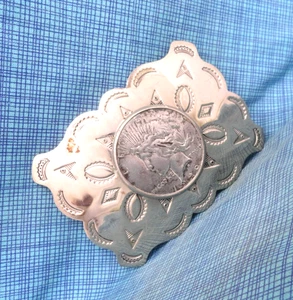 1926 Peace Dollar Belt Buckle Western Nickel Silver Vtg Bell Trading  .Bowman#18 - Picture 1 of 14
