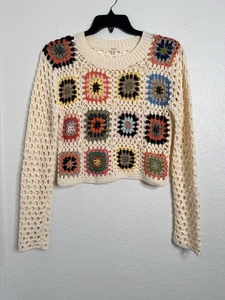 Debut Crochet Sweater Women’s Sz S CottageCore Granny Squares Patchwork Crop Top - Picture 1 of 7