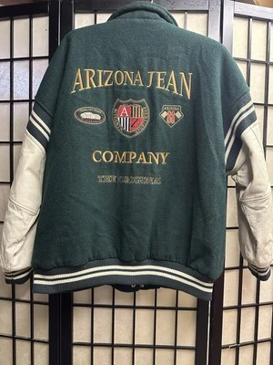 Chaqueta de bombardero universitaria Arizona XL verde/crema de colección años 90 mangas de cuero  Foto 1 de 4
