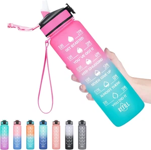 32oz Motivational Water Bottle with Time Marker, Straw, Leakproof, BPA-Free - Picture 1 of 6