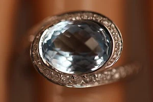DESIGNER RT 18K WHITE GOLD BLUE TOPAZ DIAMOND SEMI HALO CLUSTER RING SIZE 6.25 - Picture 1 of 12