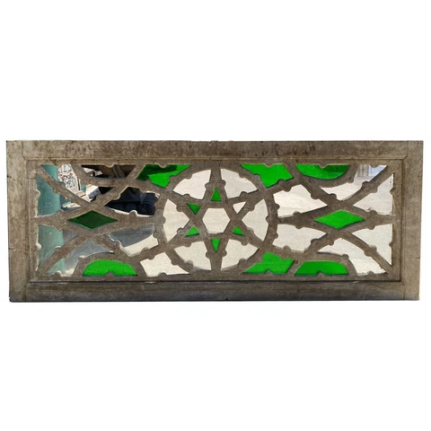 Antique Moorish Style Pine Fretwork Stained Glass Transom Window 19th century Cover
