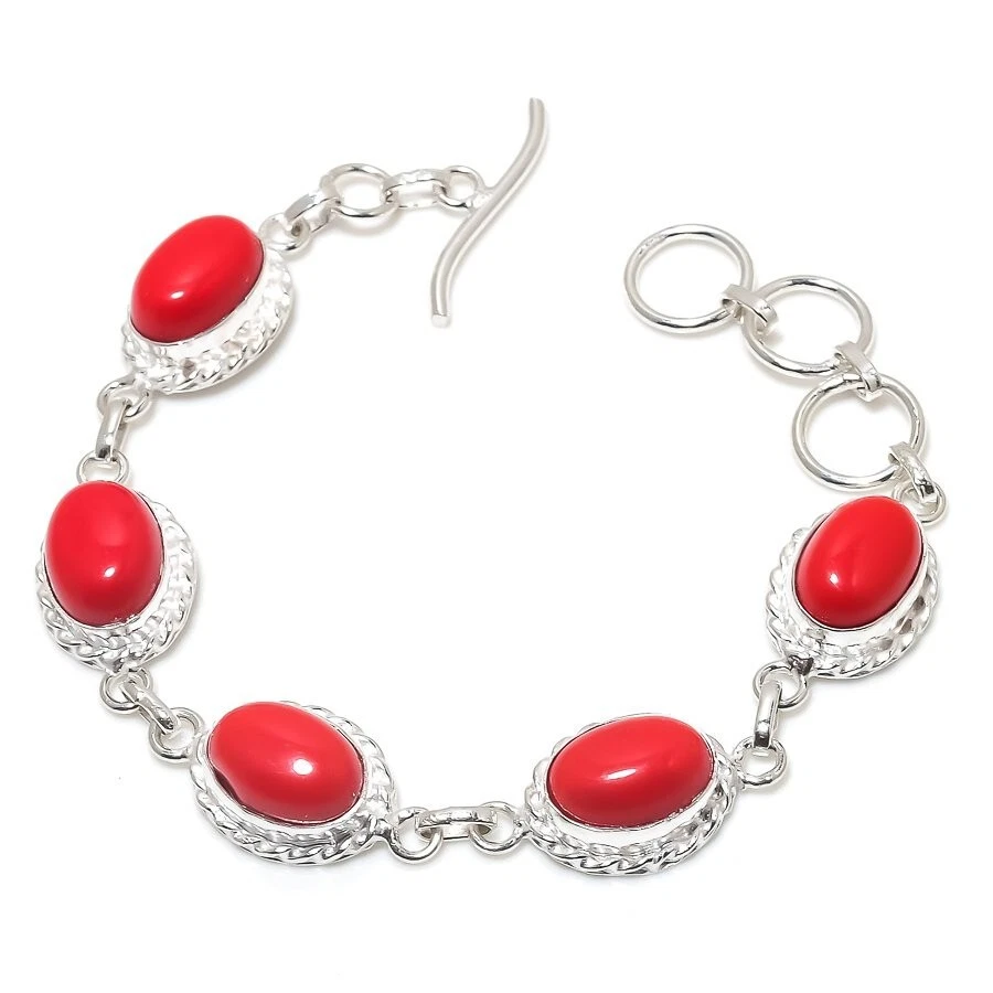 Red Coral Gemstone Handmade 925 Sterling Silver Jewelry Bracelet Size 7-8 - Image 1 of 1