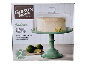 Jadeite Pedestal Cake Plate With Glass Lid NIB Fireking Gibson Home 10” Stand