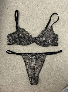Leopard Sheer Sexy Underwired Bra Set Size 32c Size 8 Thong Lingerie - Picture 1 of 4