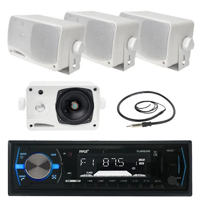 Pyle 3.5" Marine Box Speakers, PLMRB29B Black AUX AM FM Marine Radio, Antenna - Image 1 of 4