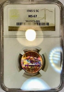 1945-S Jefferson Silver Nickel NGC MS67 Vibrant Vivid Color Rainbow Toned - Picture 1 of 6