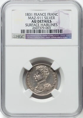 MONEDA FRANCIA HENRI V "PRETENDER" FRANCO PLATA 1831, CERTIFICADA NGC "AU DETAILS" Foto 1 de 2