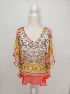 Jennifer Lopez Pink, Yellow & Gray Multi Patterned Sheer Poncho Top Women's XS - Image 1 of 4