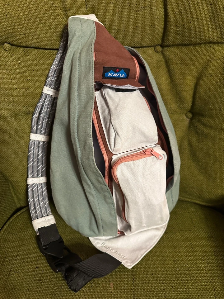 KAVU Rope Crossbody Bag ~ Mint Green White Brown with Pink Zippers - Image 1 of 4