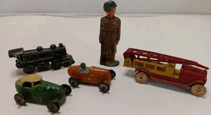 5 VTG Metal Toys 2 Cars,1 Red/Yellow Truck,1 Train,1 Soldier SEE PICS+DESCRIPT - Picture 1 of 23