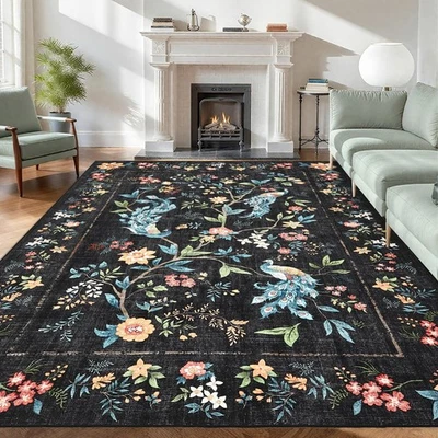 Alfombras de área grande 9x12 para sala de estar, alfombra lavable floral pavo real suave no antideslizante... Foto 1 de 4