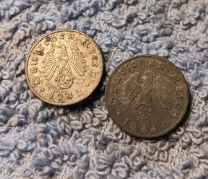 2 Damaged World War 2 1 Reichspfennig ,Germany , See Photos!! 1944 & 1942 - Picture 1 of 21