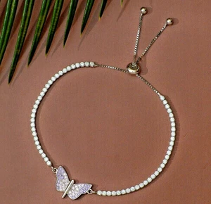 7 Ct Round Cut Simulated Diamond Butterfly Tennis Bracelet 14K White Gold Plated - Foto 1 di 5