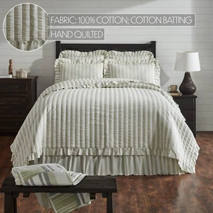 Finders Keepers Ruffled King Quilt 106Wx97L Striped Soft White Khaki Country - Picture 1 of 6