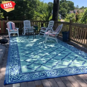 Large Deck RV Mat Reversible Rug 9 x 18 ft Outdoor Camping Blue Teal Beach Mat - Picture 1 of 7