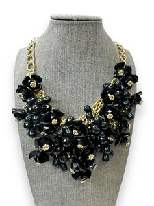 Talbots Black Acrylic Flower Cluster Goldtone Chunky Bib Necklace 18.5-21.5” - Picture 1 of 10
