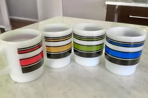 Set 4 VINTAGE 1960s Anchor Hocking FIRE KING Stacking Mugs SUPER STRIPE EXC/cond - Picture 1 of 7