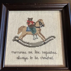 Completed & Framed Cross Stitch Teddy Bear On Rocker 9x9 Framed - Picture 1 of 8
