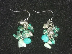 Blue Cluster Earrings Drop Dangle Aqua Turquoise Crystal Bead Stone Pierced Ears - Picture 1 of 12
