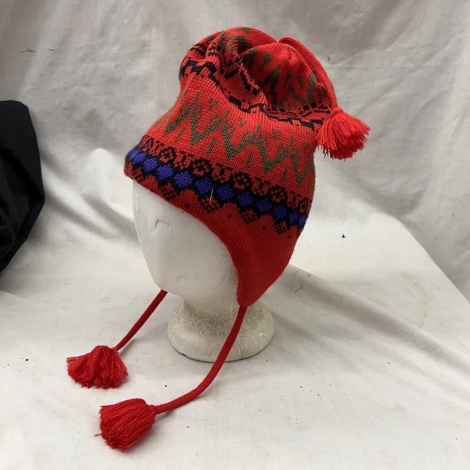 vintage stocking hat 1970 1980s ski retro tuque Beanie Tassels Red Purple Black - Image 1 of 4