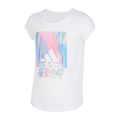Adidas Niñas Grandes Cuello Redondo Manga Corta Gráfico Camiseta Blanca Elige Talla Foto 1 de 4