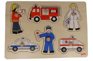 goki Holz Steckpuzzle Polizei Feuerwehr Krankenwagen 8tlg. Holzpuzzle Puzzle NEU - Bild 1 von 2