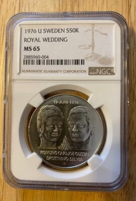 1976 Sweden Silver 50K Royal Wedding Coin, NGC Graded: MS 65 - Image 1 of 2