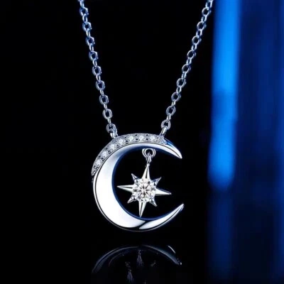 Crystal Moon Star Pendant 925 Sterling Silver Necklace Women Jewellery Love Gift - Image 1 of 4