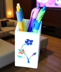 Soporte para bolígrafo de mármol blanco con incrustaciones de varias piedras arte de marquetería mejor regalo hogar - Imagen 1 de 8