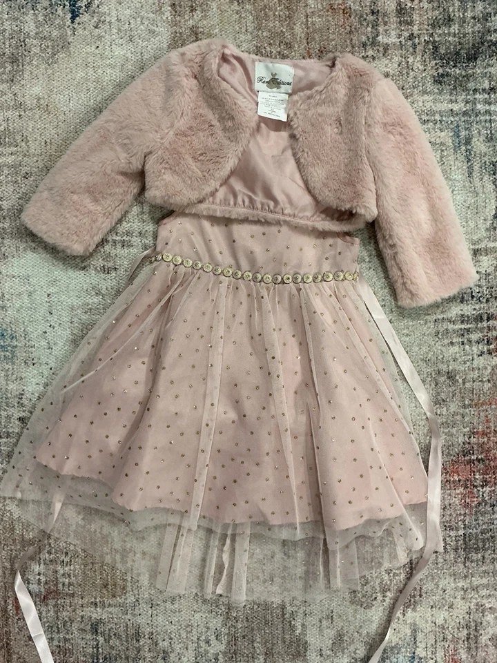 Edição rara vestido de férias rosa pálido detalhes dourados com bolero de pele macia 2T - Imagem 1 de 1