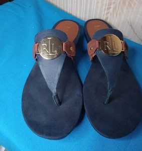 Ralph Lauren Kalana Damen-Sandalen Größe 9-B Leder goldfarbenes Logo Kreuzfahrt Urlaub - Bild 1 von 10