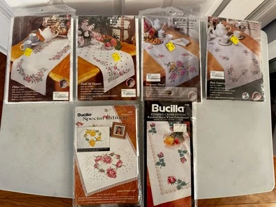 5 Tobin Bucilla Table Runner/1 Scarf Stamped Embroidery Floral Kits NEW - Image 1 of 4