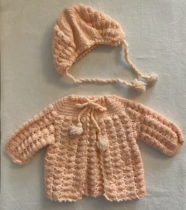 Vintage Pink Hand Crocheted Baby Sweater and Bonnet 0-6 Months Infant Cardigan - Picture 1 of 11