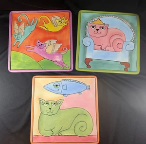 Lot 3 Vtg 2009 Ursula Dodge/Henriksen Whimsical Cat Plates, 3 Designs, New/Mint - Picture 1 of 12