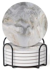 Set of 6 Abstract Gray White Marble Coasters with Holder, Absorbent Ceramic C... - Picture 1 of 5