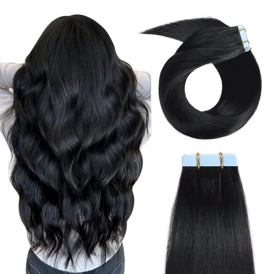 Yilite Straight Tape in Human Hair Extensions 20 Inches 20pcs 50g Jet Black