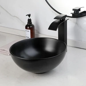 Fregaderos redondos de cerámica para lavabo de baño negros de 13" con grifo y desagüe - Imagen 1 de 10