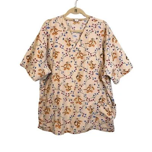 DISNEY Scrub Top Women XXL Tigger & Floral Print Medical V-Neck Cotton Blend Tan - Picture 1 of 12