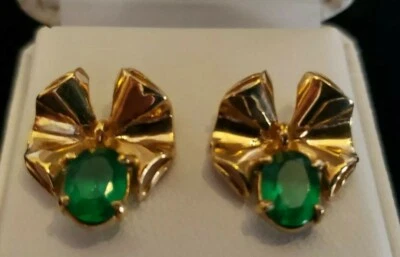 Brincos finos de ouro amarelo maciço 14KT simulados verde colombiano esmeralda - Imagem 1 de 4